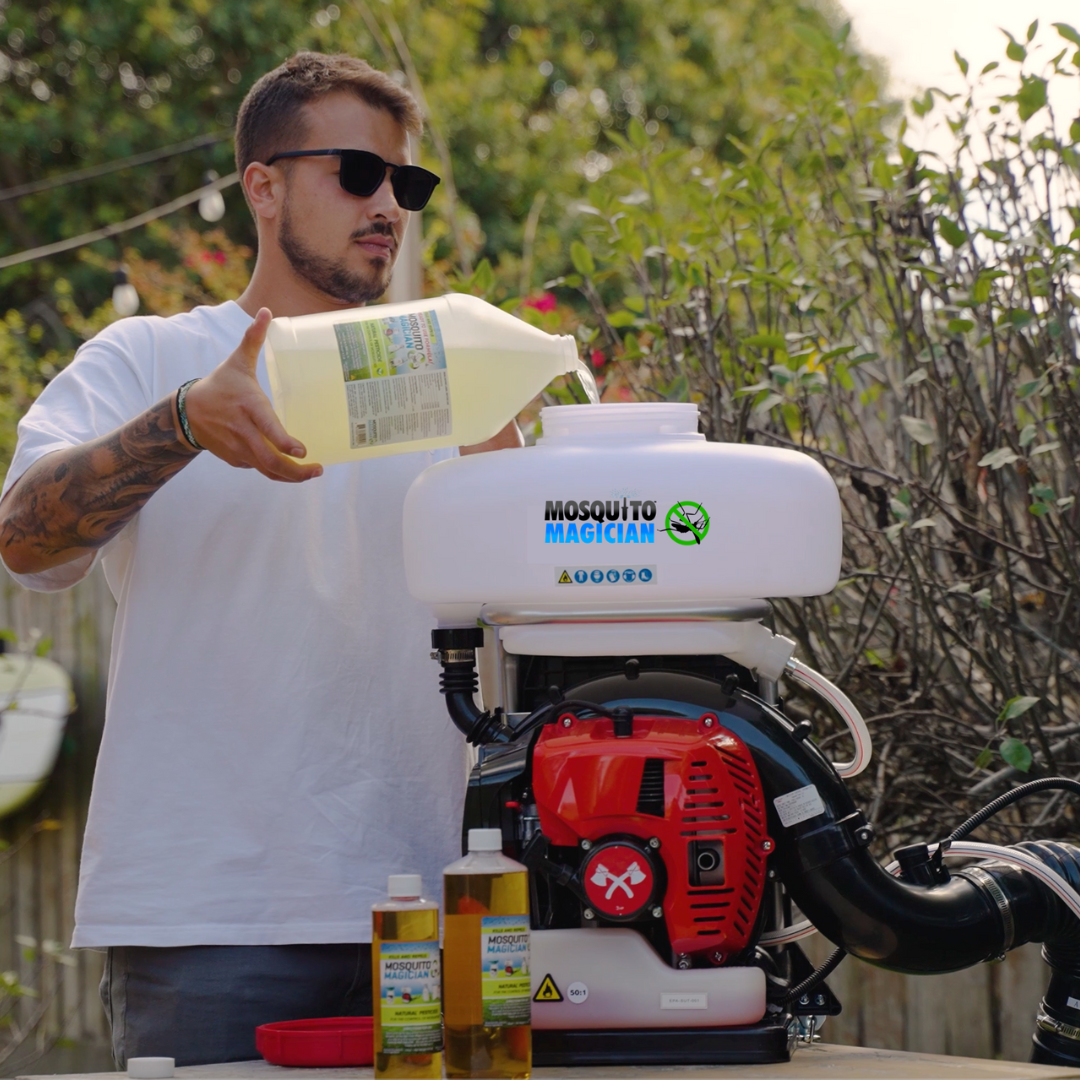 Gas Powered Backpack Fogger + 2 Gallons Mosquito Killer & Repellent Combo