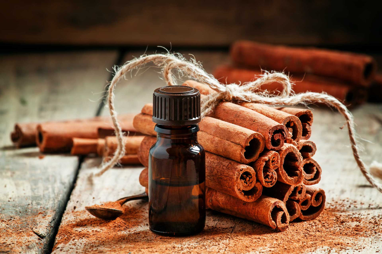 Cinnamon oil bottle in front of cinnamon sticks